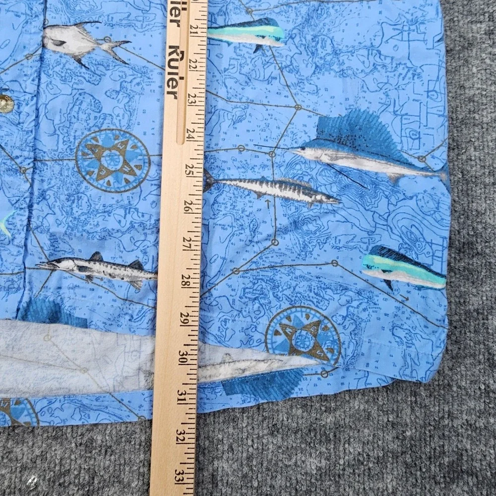Vintage 2005 Columbia Nautical Map Fish‎ Print Shirt Men's XXL Blue Viscose Y2K